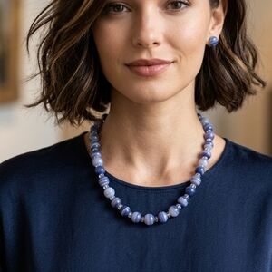 Source Unknown Blue Agate Bead Necklace with Matching Studs